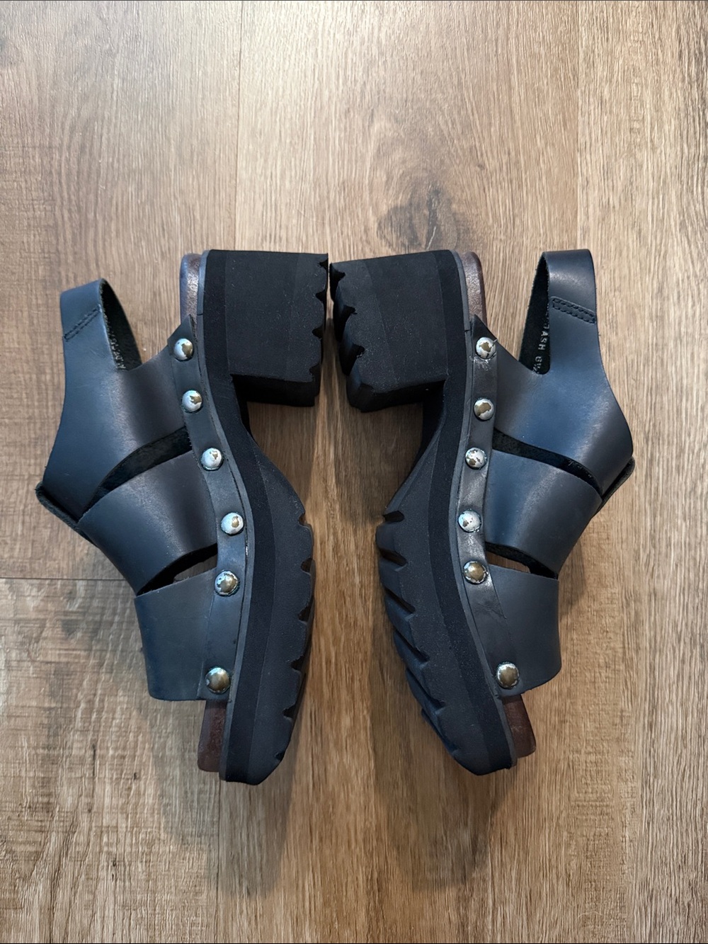 Nicole Black Leather Studded Platform Sandals Chunky Block Heel Slingback 6.5